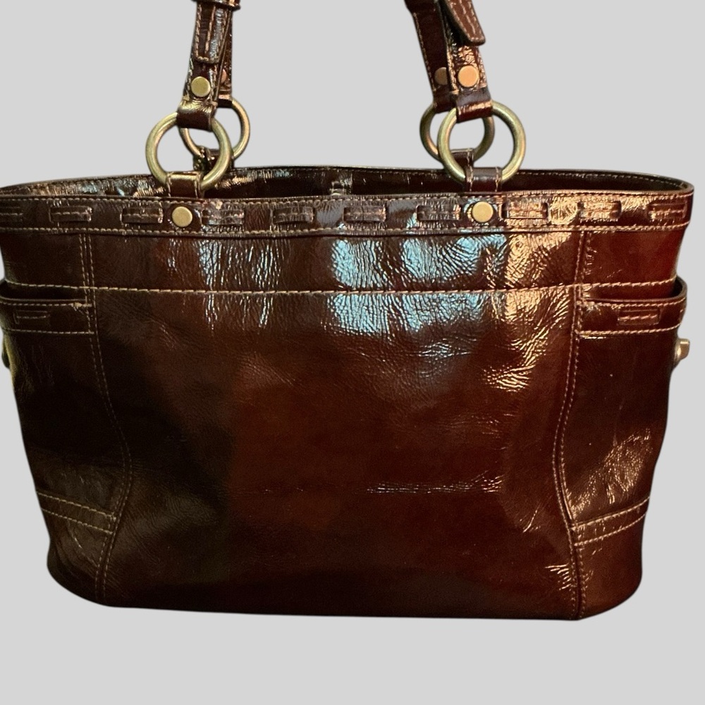 Coach Tribeca Patent Leather Tote Brown East West Shoulder Bag - Picture 8 of 13